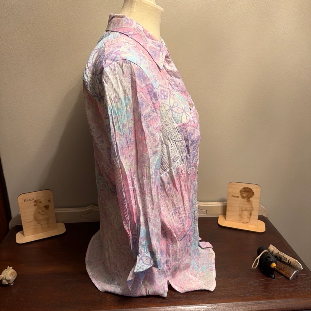 Ruby Rd. Pastel Pink & Aqua Patterned Button-Front Shirt - Picture 6 of 9
